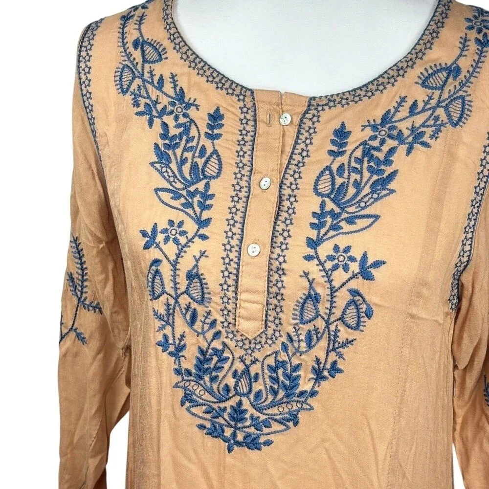 Bohemian Embroidered Dress Sz M Natural Long Sleeve Flowy Relaxed Cottage BOHO - Picture 4 of 11